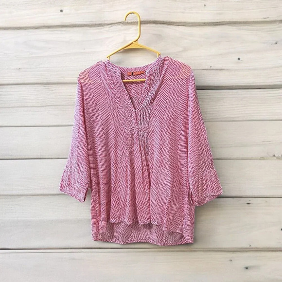 Oliphant Pintuck Tunic Blouse Womens L Pink & White Geometric Pattern 3/4 Sleeve - Picture 7 of 12